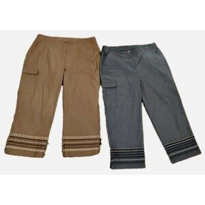 2 Chico's Capri Pants Size 1 US M Blue/Tan Embroidery Bottoms Trim High Rise...